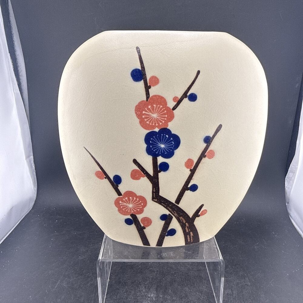 Vtg Otagiri Japan Ceramic Pillow Vase Plum Blossom Prunus Peach Blue Mid Century